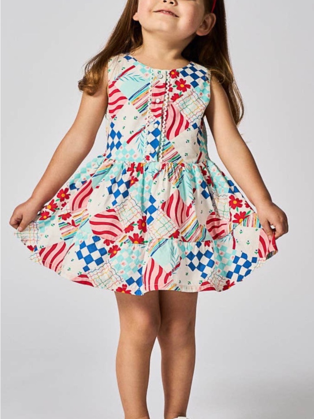 Finding Foxtail Girls' Patchwork Parade Print Dress NEW